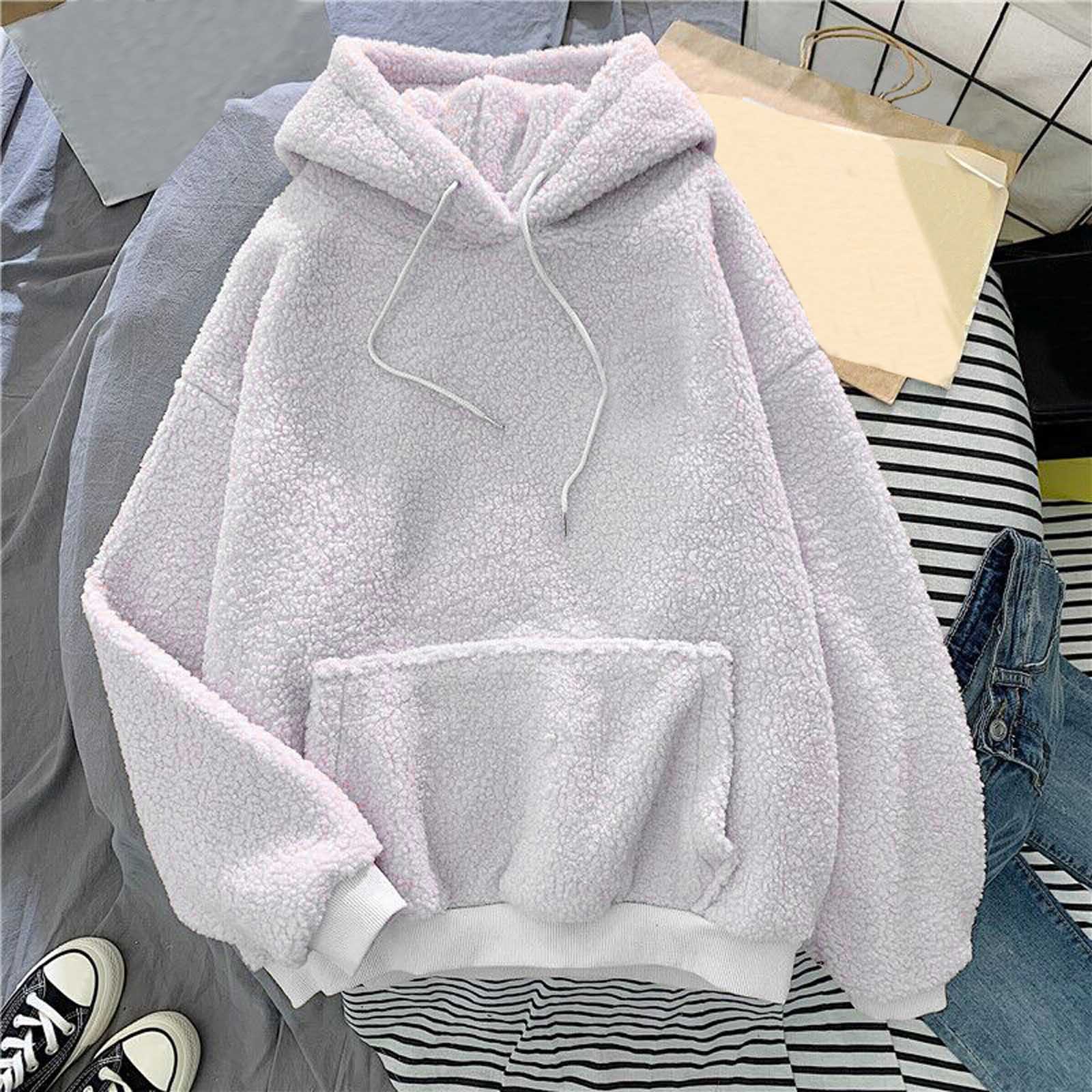 

Женская модная однотонная толстовка с капюшоном и длинными рукавами из теплой овечьей шерсти, повседневный топ-худи M белый
