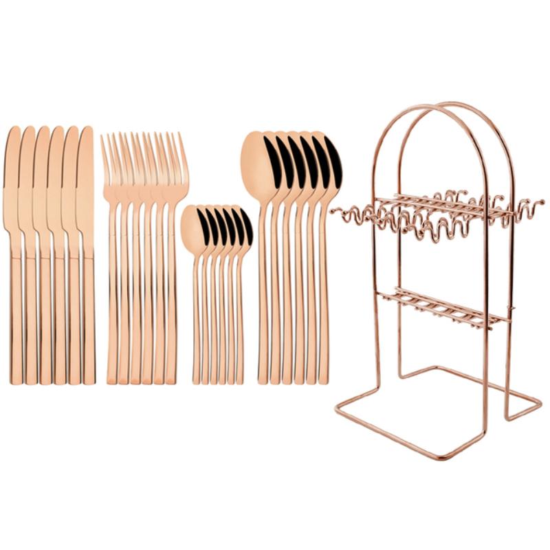 24-teiliges Regenbogen-Besteck-Set mit Halter, 304 Edelstahl, Besteck, Messer, Gabel, Löffel, Geschirr, Party-Küche, Besteck-Set mit Aufbewahrungsregal