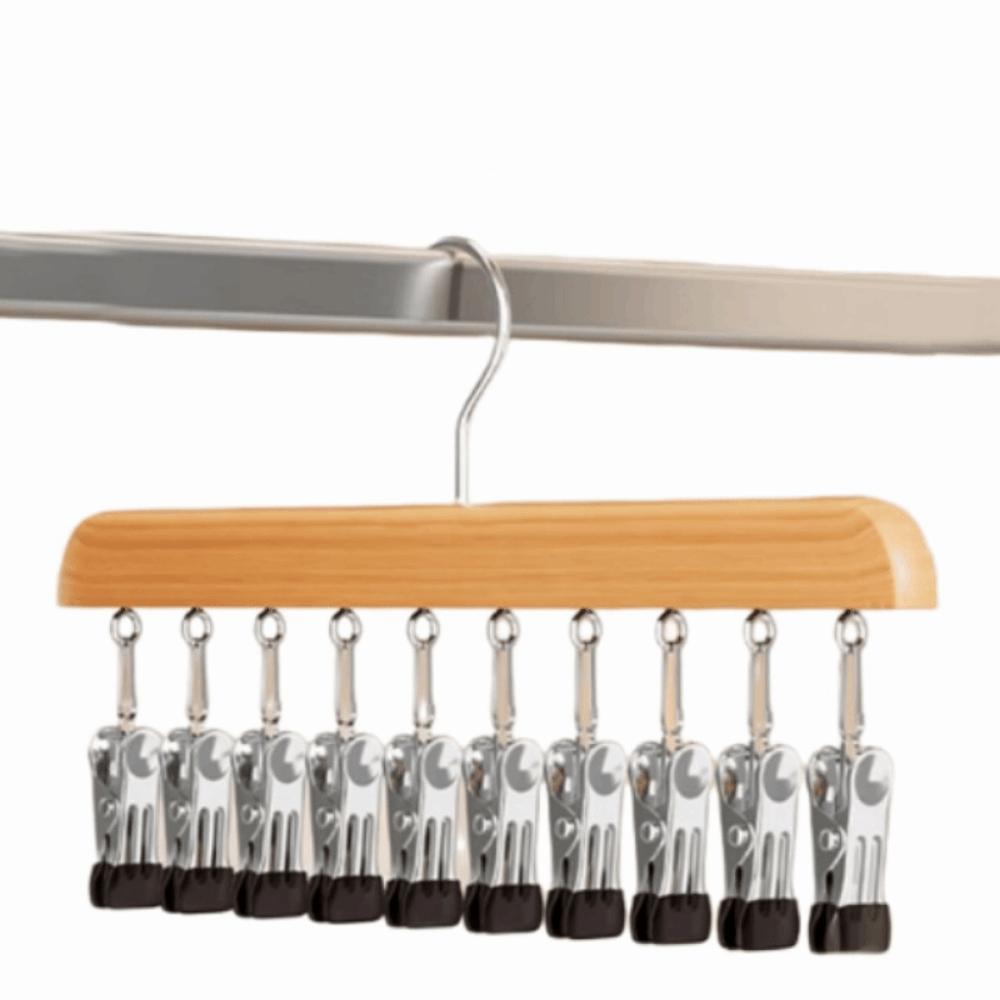 10/12 Clips Wood Hanger 360°Rotation Storage Rack Rotatable Clothes Hanging Hook Socks Hanging