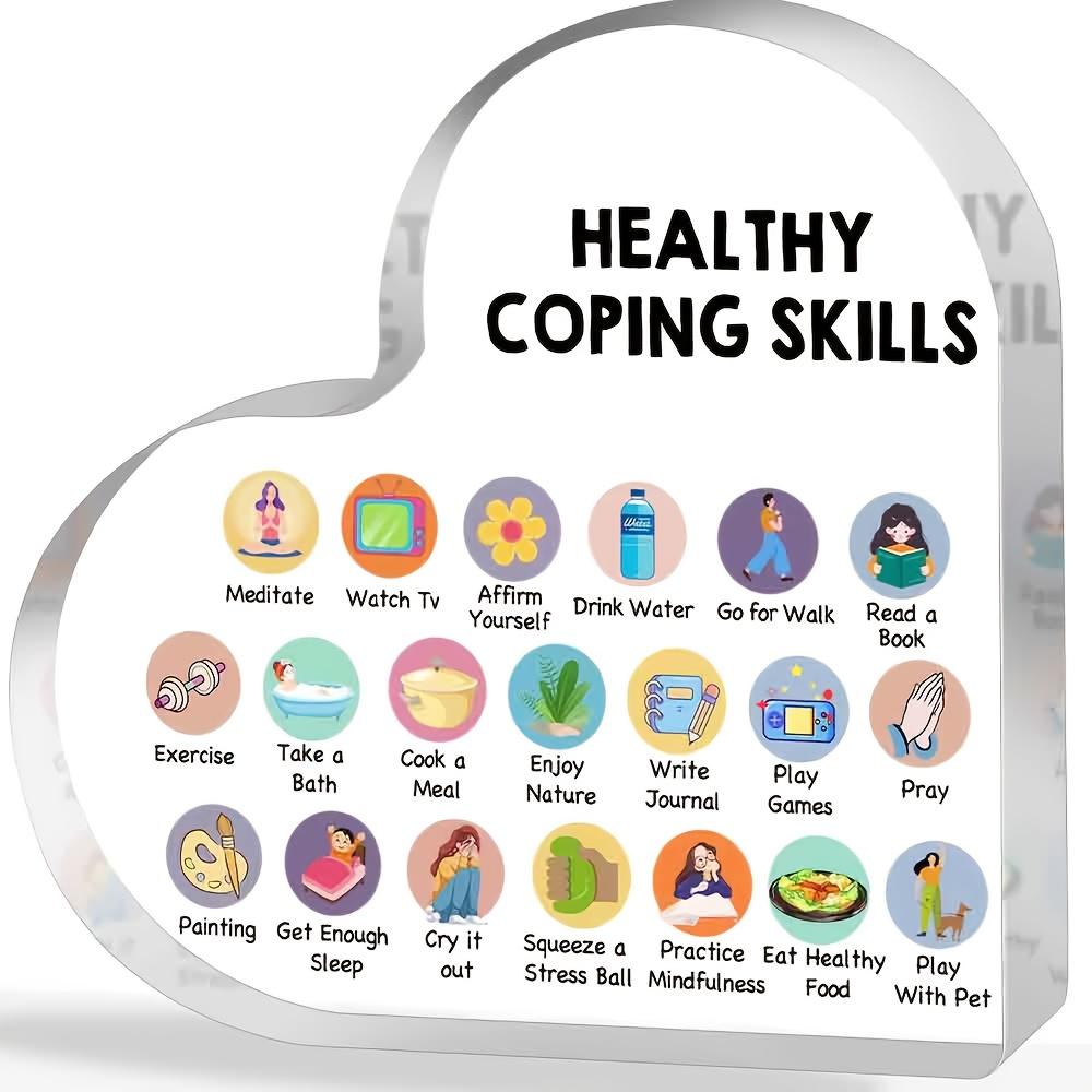 Mental Health Anxiety Skills Decor - Therapist Office Decoration with Healthy Coping Skills (Meditation, Exercise, Relaxation) - Acrylic Heart-Shaped 10*10cm