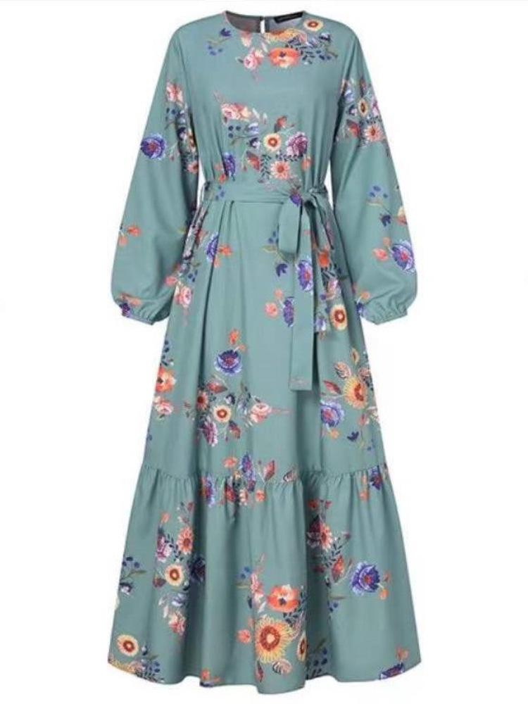 2022 Moroccan Print Long Sleeve Turkish Muslim Women's Party Dress