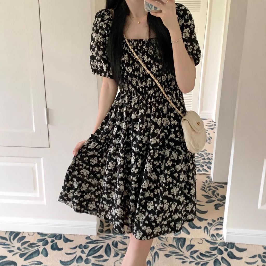 Plus Size French Bubble Sleeve Square Neck Summer Dress - Slimming Hepburn Style Little Black Dress
