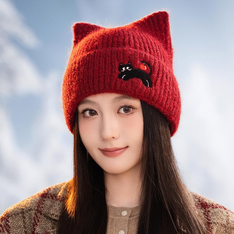 Female Autumn and Winter Cute Cat Embroidered Wool Hat Autumn and Winter Windproof Warm Ear Protection Hat