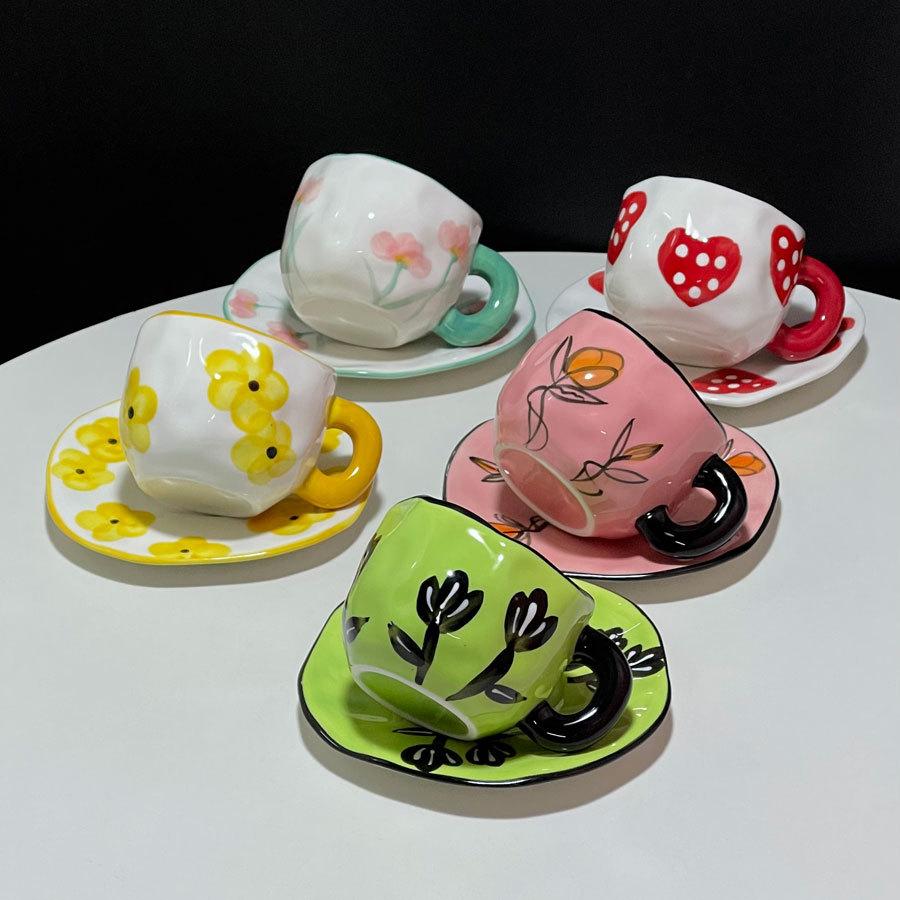 High-Value Hand-Pinched Irregular Underglaze Color Hand-Painted Flower Love Ceramic Coffee Cup Saucer Exquisite Afternoon Tea Cup Saucer