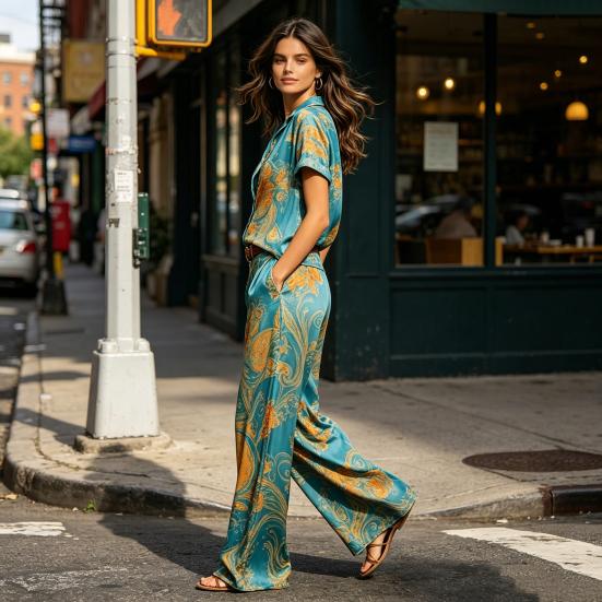 2-teilige Sets für Damen, Lässiges kurzärmeliges Hemd mit Knöpfen und Wide-Leg-Hosen-Kombinationen, Sommerliche bedruckte Urlaubs-Outfits