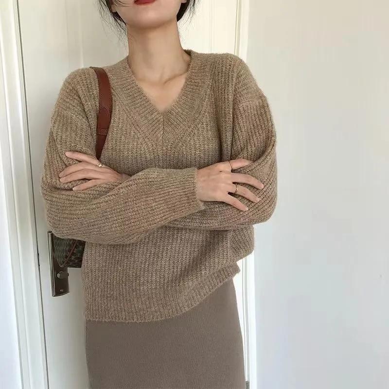Sweater for Women Winter Thickened Pullover Warm Knitted Solid Color V Neck Base Layer Stretchy Long Sleeve Jumper Sweater Tops