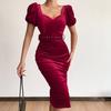 Belt Waist Tight Hip Wrap Skinny Elegant Dress Square Collar Puff Short Sleeve Bodycon Gown Dress Female Clothing
