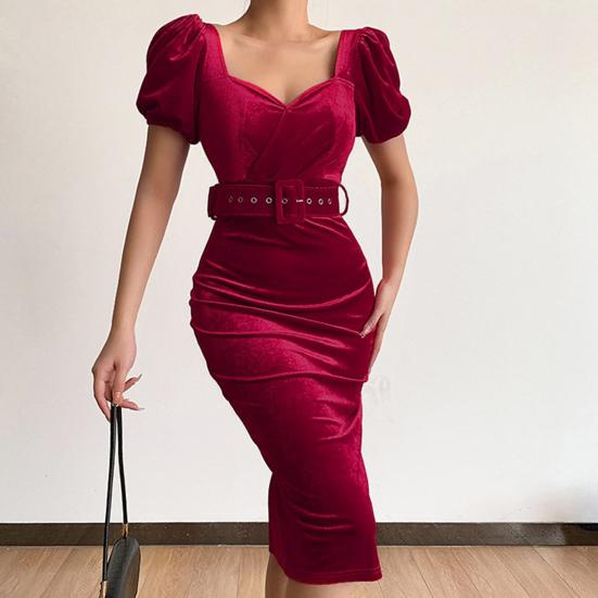 Belt Waist Tight Hip Wrap Skinny Elegant Dress Square Collar Puff Short Sleeve Bodycon Gown Dress Female Clothing