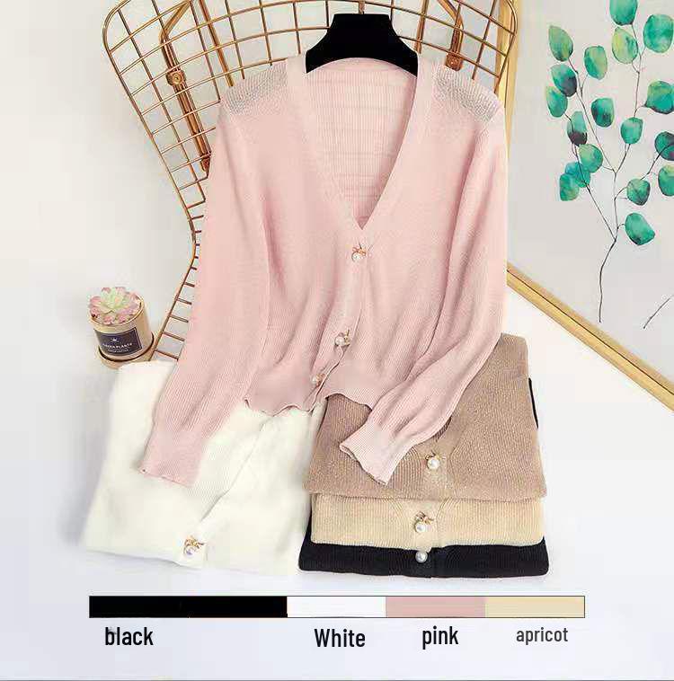 Women's Fashionable V-Neck Silk Knit Jacket - Lightweight, Short, Loose, Versatile, & Bright Sunscreen Shawl.