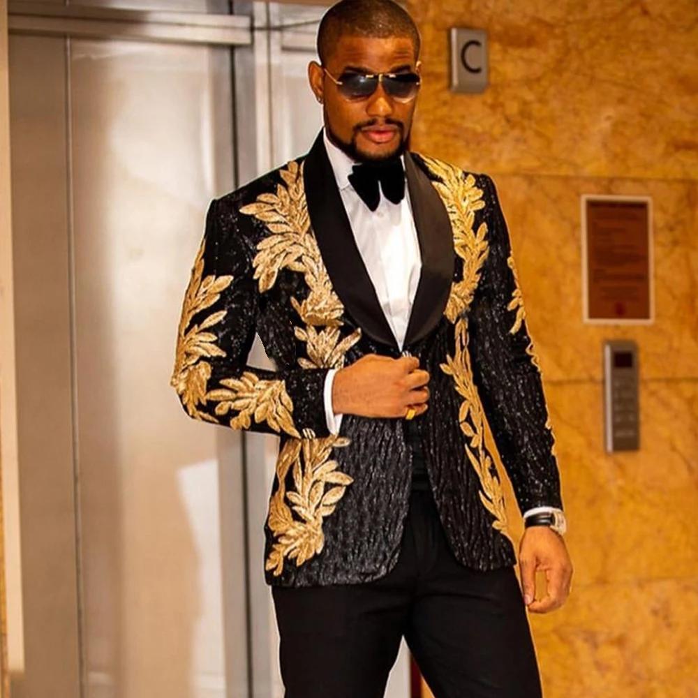 PYJTRL Hombres Negros Trajes Bordado Oro Brillante Lentejuelas Dos Piezas  Pico Solapa Cool Blazers Boda Esmoquin Oro Hombre Chaqueta Pantalones  comprar a buen precio — entrega gratuita, reseñas reales con fotos — Joom