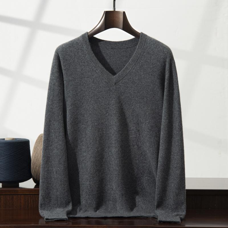 New V-neck cashmere sweater men's middle-aged and young solid color sweater loose knitting