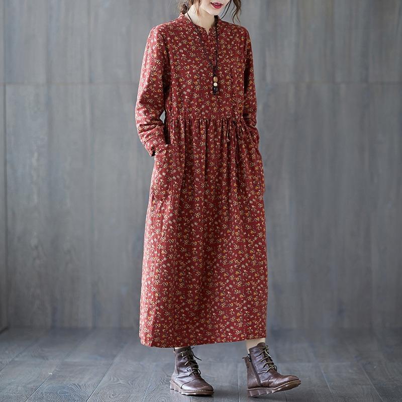 Loose Women's Floral Lace Up Cotton and Linen Dress