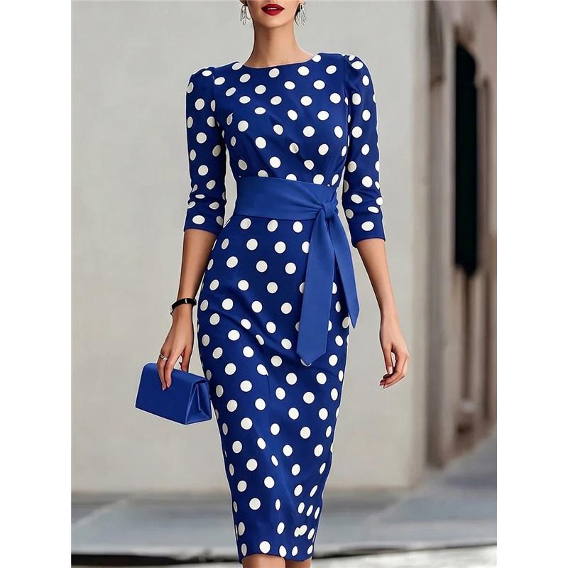 Robe Mi-longue Moulante à Pois pour Femme Manches 3/4 Col Bateau Robe Crayon avec Ceinture Blanche Élégante Robe de Soirée Bureau