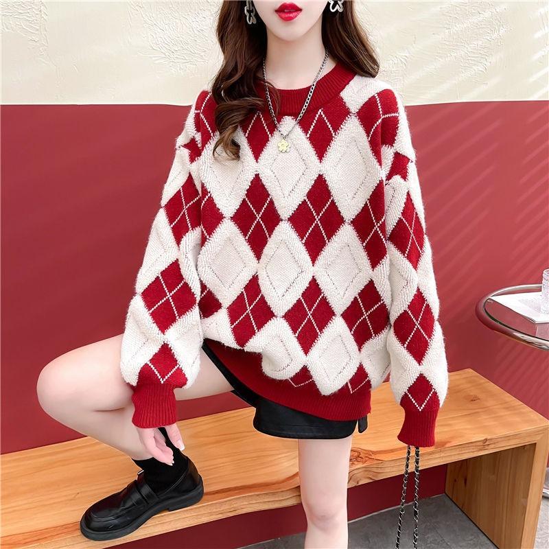 Rhombus Sweater Women's Purple Autumn and Winter Wear New Red Knitted Loose Top Crew Neck Bottoming Shirt