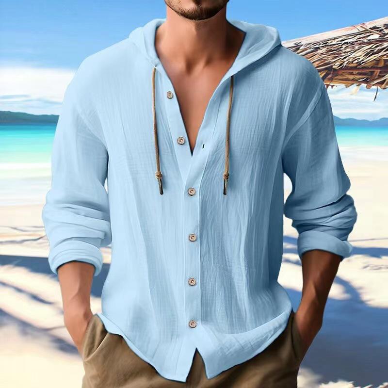 New Fashion Spring-Summer Men Hooded Shirt, Solid Color Cotton-Linen Casual Long-Sleeve Top
