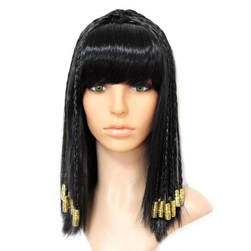Kleopatra Perücke Damen Ägypten Königin Schwarzes Haar Goldene Perlen Cleopatra Accessoire Kopfschmuck Tanz Halloween Party Rollenspiel Cosplay Perücken