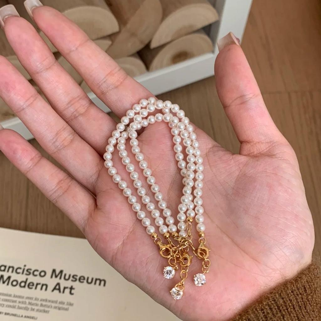 French Vintage Cream White Pearl Bracelet For Women Light Luxury Minimalist Bubble Zircon Stackable Elegant Jewelry