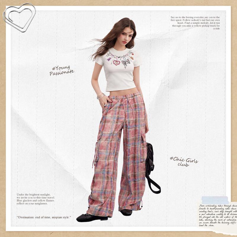 UNIFREE Pink Plaid Distressed Two-Way Cargo Pants