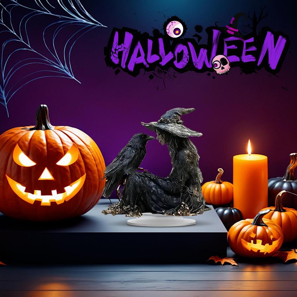 2D Acrylic flat Halloween Desk Decor Indoor Tabletop  Decoration Sign Acrylic Material Gothic Witch Crow Ornament 15x15x1cm