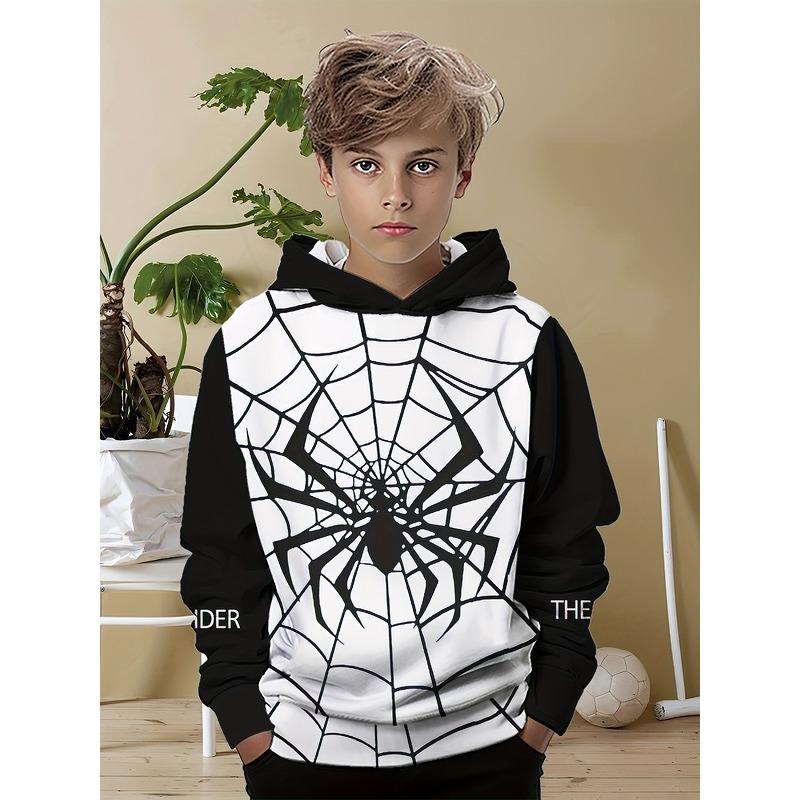Boy's Black and White Dual Color Black Animal 3D Printed Long Sleeved Hooded Sweatshirt, Sports Shirt