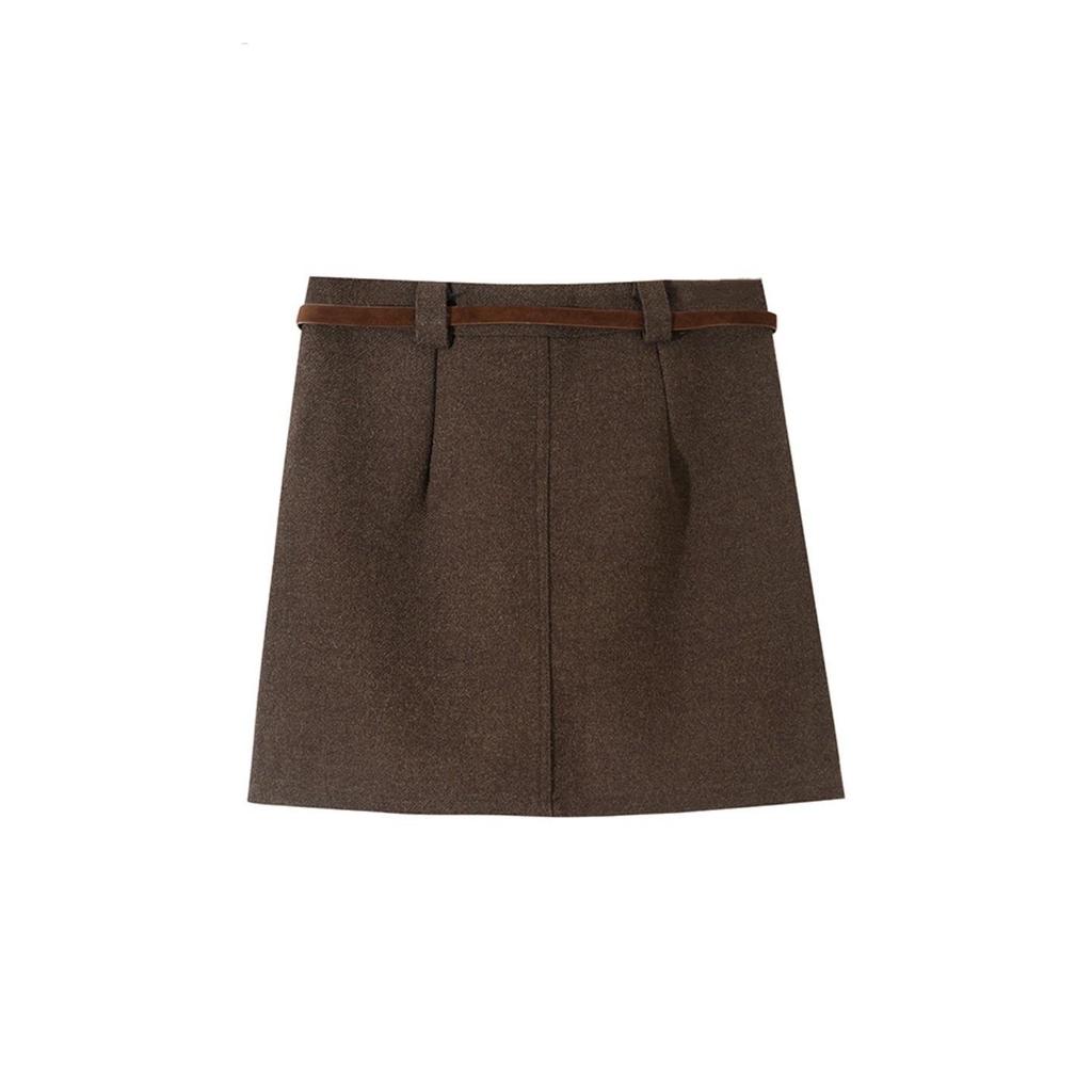 Plus Size Coffee Woolen Pencil Skirt for Women - High Waist, Slimming, A-line, Short Skirt for Spring & Autumn