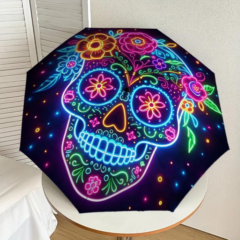 1pc Colorful Neon Sugar Skull Artwork Umbrella with Plastic Handle,Suitable for All Seasons Home Travel Outdoor UmbrellaDD1469