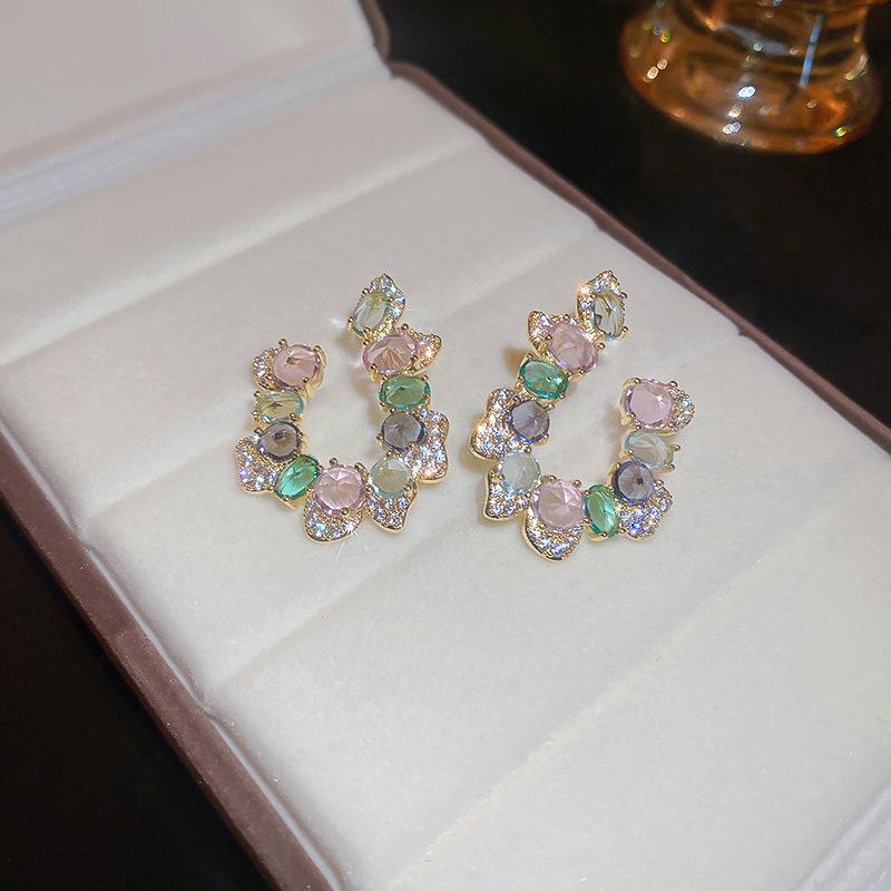Shiny Colorful Zircon Rhinestones Stud Earrings For Women Temperament Irregular Round Earrings Female Party Ear Jewelry Gifts K-