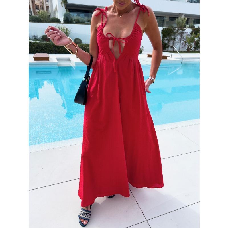 Women's Summer New Dress Solid Color Jacquard Suspender Deep V Sexy Loose Long Skirt for Women