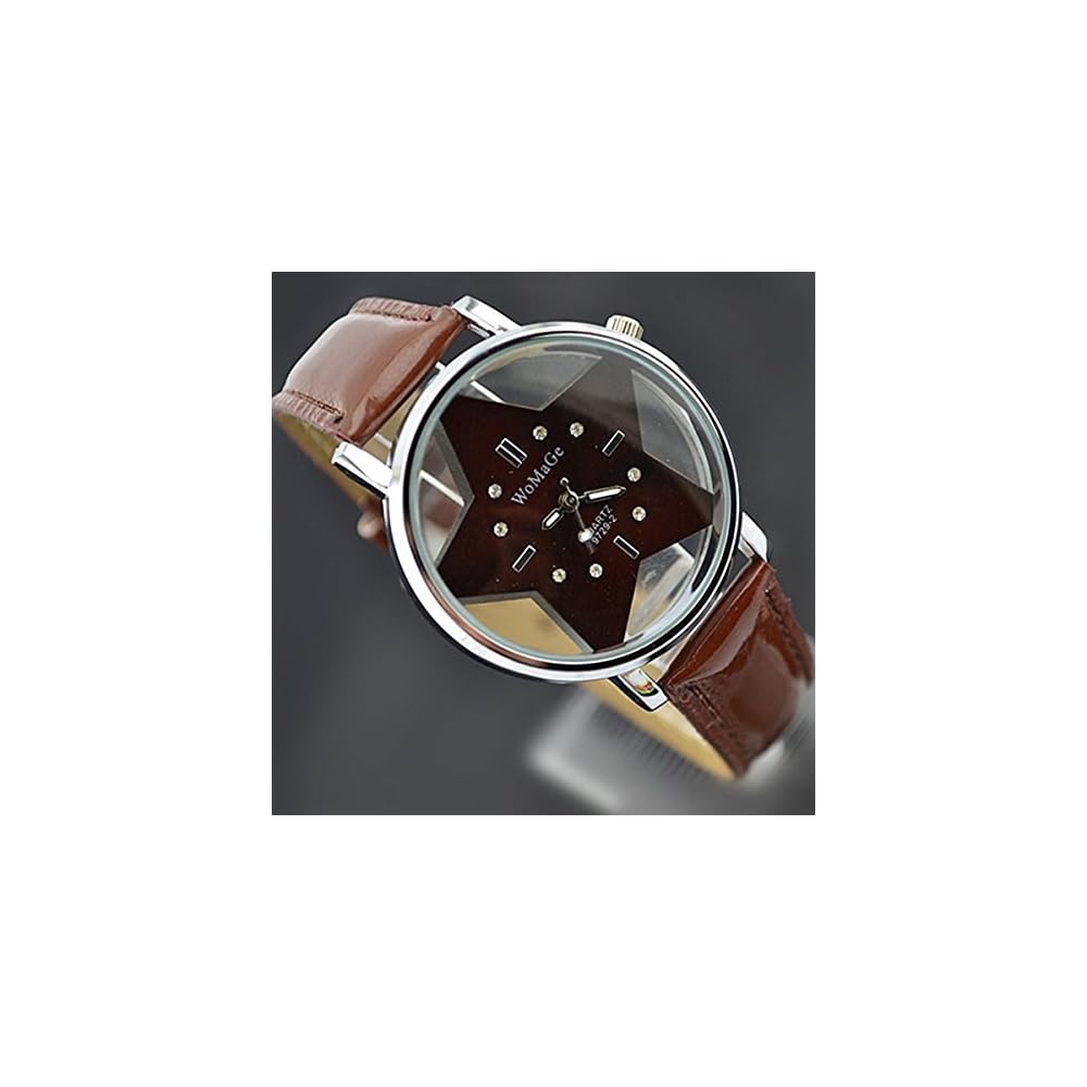 ZooooM Star Design Analog Quartz Watch Brown Faux Leather Band Unisex Fashion Timepiece