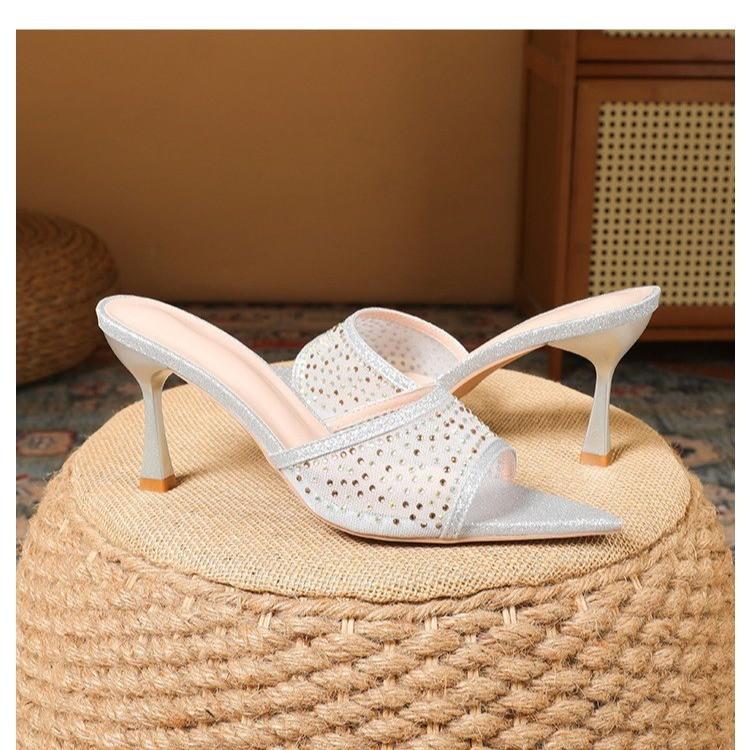 Rhinestone Sandals Women's Summer Wear New Fashion Thin Heels Pointed High Heels Open-toed Cool Slippers