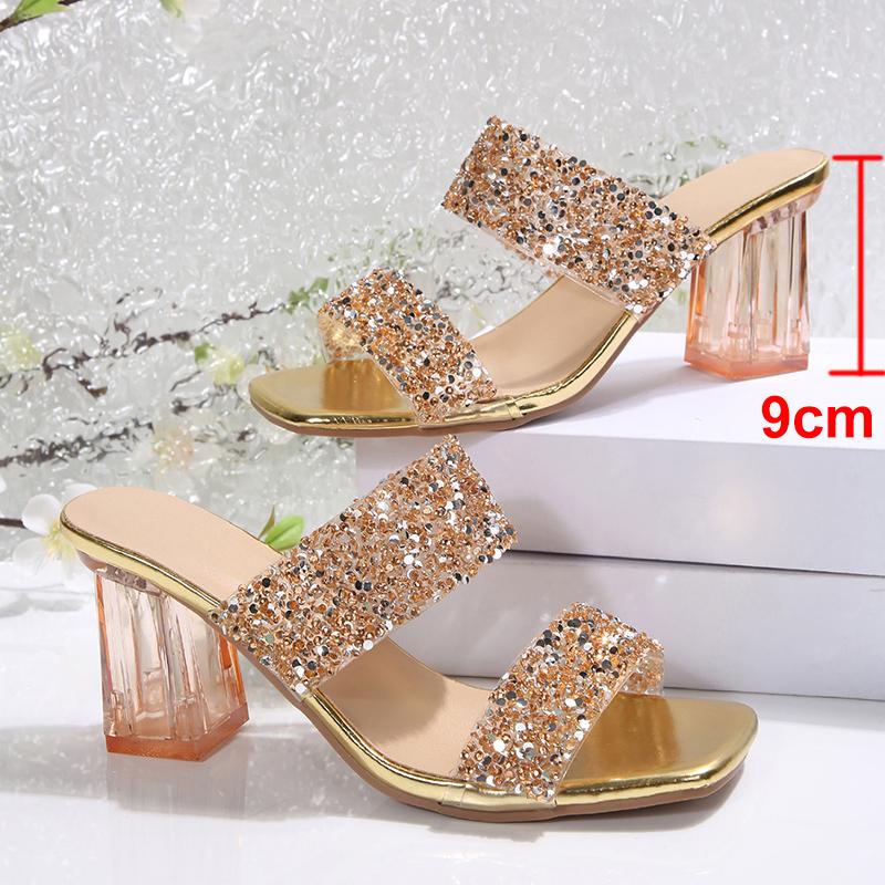 

Блестящие босоножки на высоком каблуке с пайетками, женские модные туфли золотого и серебряного цвета для вечеринок, женские летние босоножки с квадратным носком и прозрачным каблуком 42 золотой