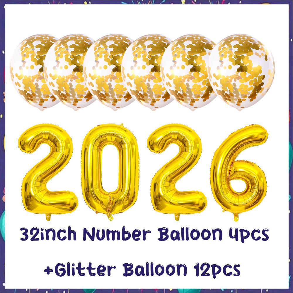 32inch 2026 Foil Balloons Color New Year Party Decorations Anniversary Supplies 12 Inch Glitter Latex Balloons Photo Booth Props