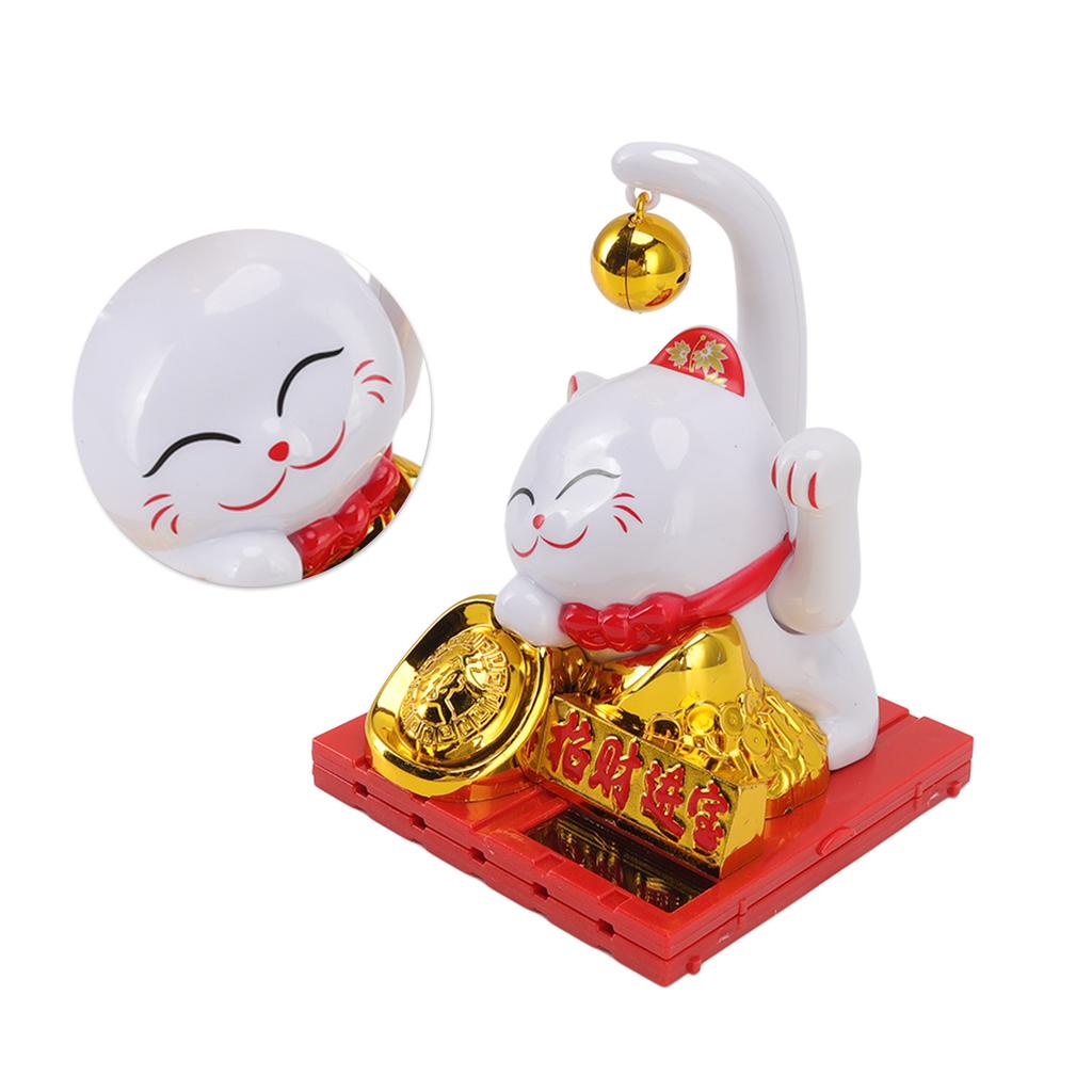 Solar Powered Lucky Cat Good Luck Wealth Welcoming Fortune Cat with Bell Home Room Office Desktop