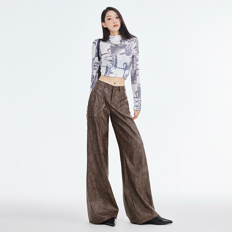 

Осенние новые американские горячие девушки делают старые цветы коричневые повседневные брюки женские с высокой талией свободные широкие кожаные брюки XL коричневый