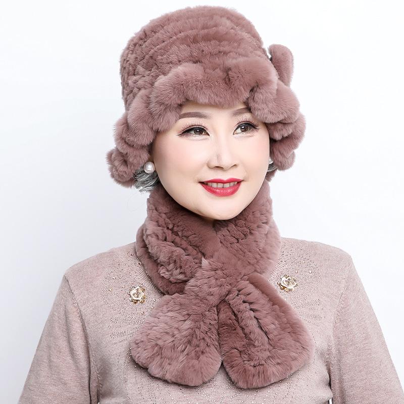 Rex Rabbit Hair Hat Children's New Mother Hat Winter Warm Korean Version Grandma Hat Scarf Middle and Old Age Hat Scarf