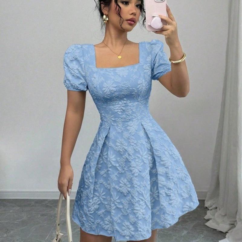 European Style Women Summer Slim Fit Elegant Solid Color Square Neck Maxi Dress Vacation XL