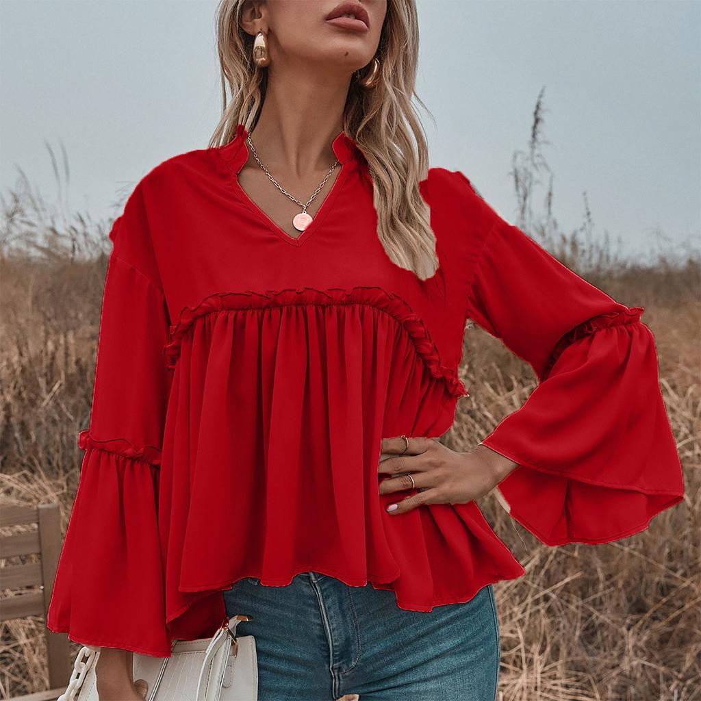 Womens Fashion Casual Solid Color V-Neck Flared Sleeve Chiffon Top