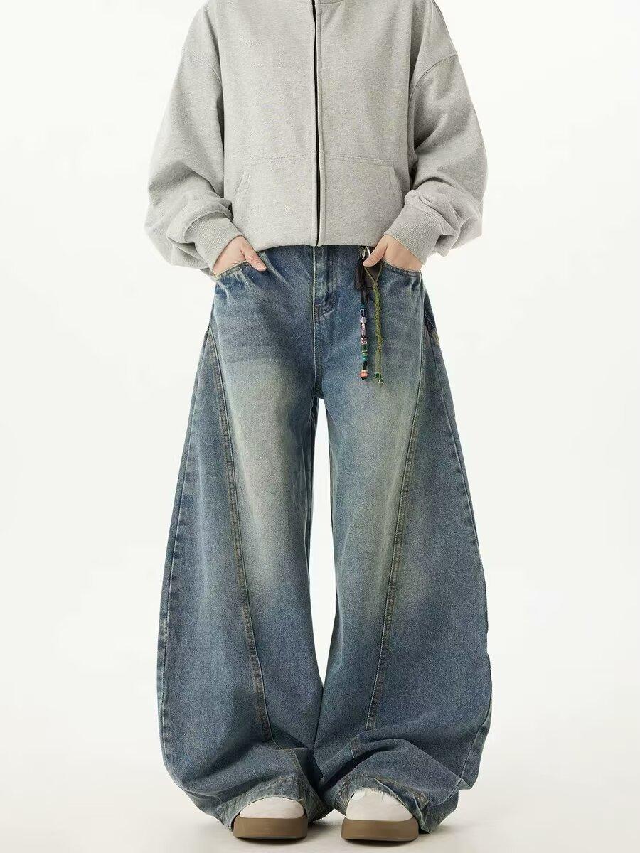 

JYL Men s Straight Jeans American Mud Dyed Vintage Patch High-Street Wide-Leg Denim Pants M безодня