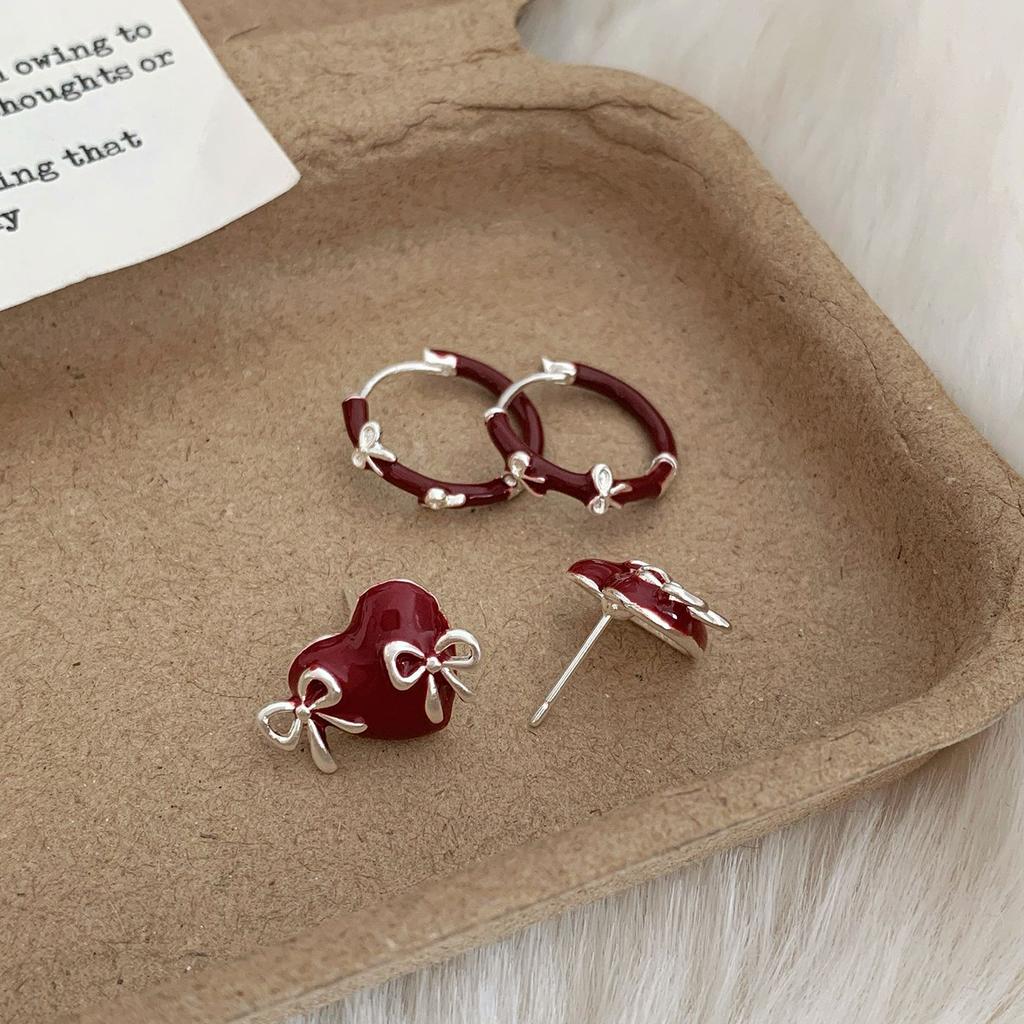 Real 925 Silver Hollow Bowknot Heart Hoop Earrings For Women Classic Fine Jewelry Niche Light Accessories