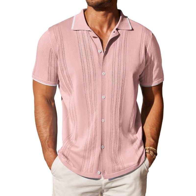 Mens Contrast Trim Short Sleeve Knit Polo Shirt Button Down Hollow Out Casual Summer Top