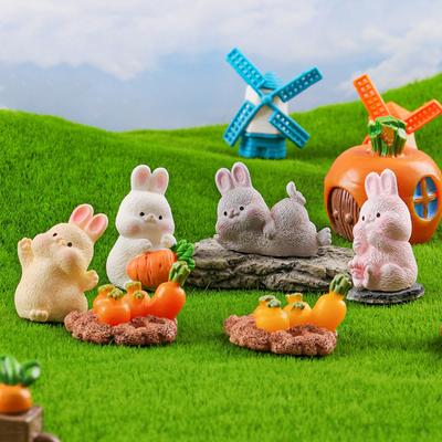 Mini Carrot Bunny Ornament Cartoon Rabbit Figurine Micro Landscape Dollhouse Model Car Interior Home Desktop Decoration