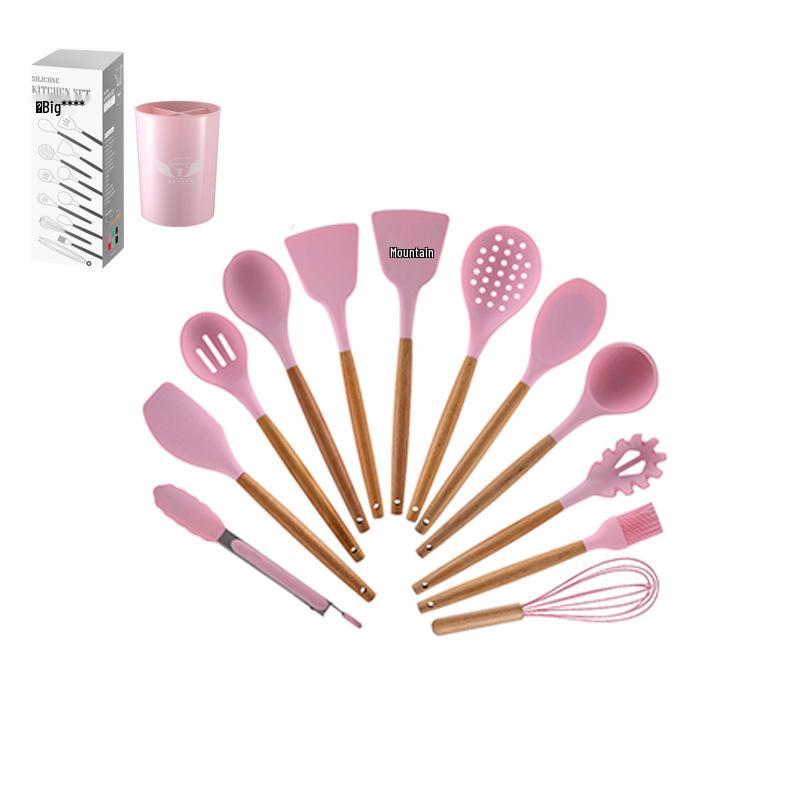 12-Piece Silicone Kitchen Utensil Set with Wooden Handles - Includes Spatula, Slotted Spoon, Frying Spatula, and Baking Tools