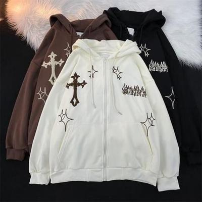 Autumn Hoodie Embroidered Cross Flame Coat Couple Loose Top Sweater
