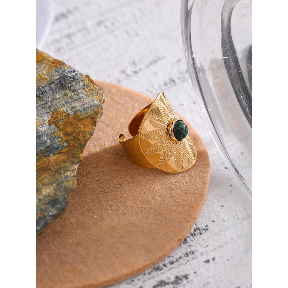 Yhpup Stainless Steel Flower Leaves Ring for Women Green Natural Stone Opening Rope Ring bague acier inoxydable Accessories Gift
