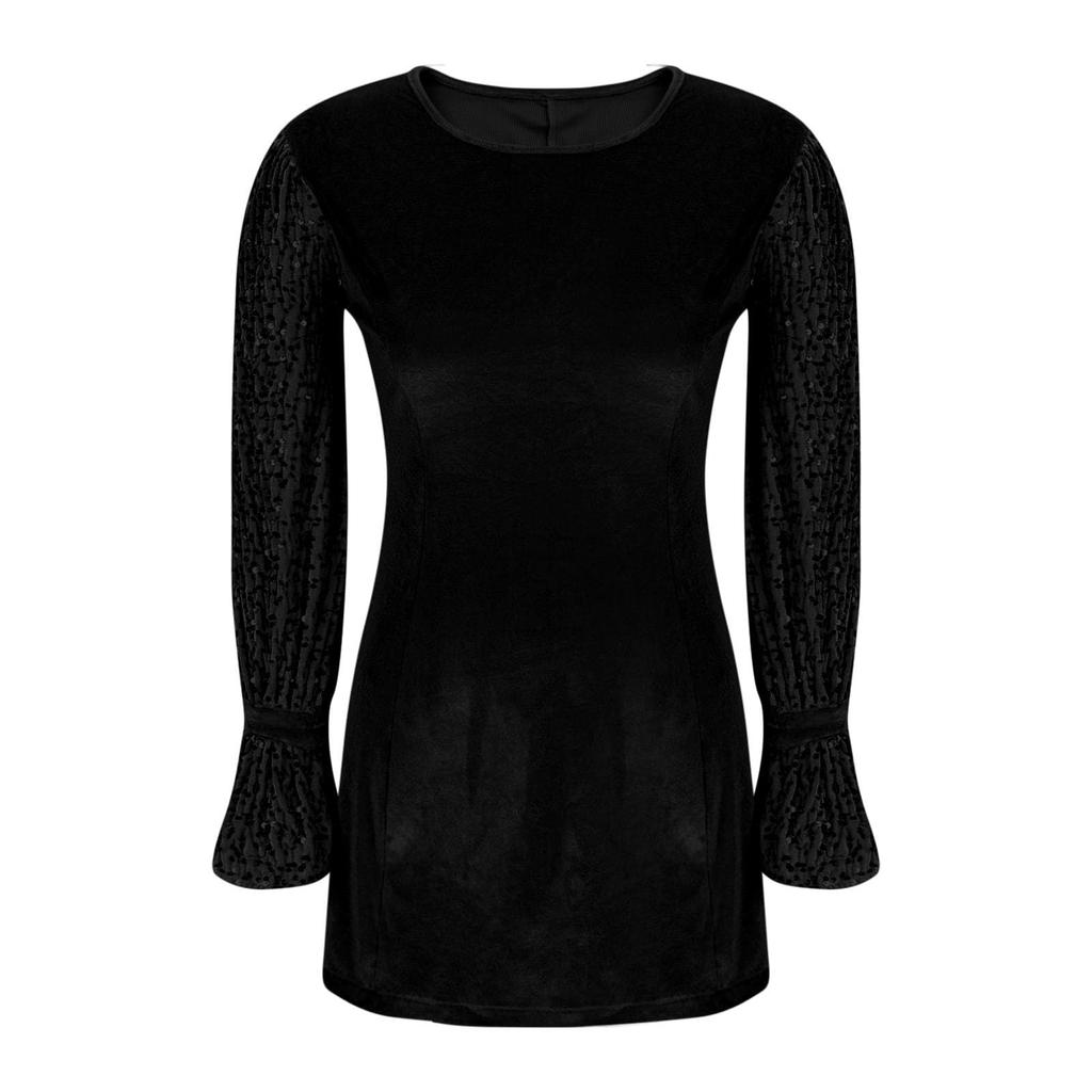 Damskie Sukienki z Aksamitu i Cekinów z Długim Rękawem z Kołnierzykiem Sukienka dla Gościa Weselnego Formalna Koktajlowa Sukienka na Bal