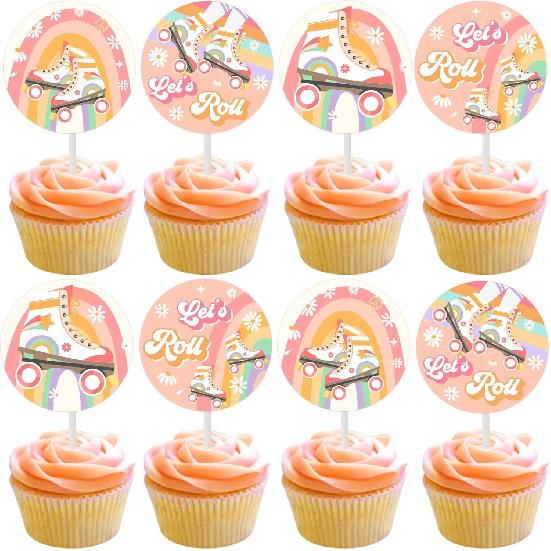 Cheereveal Roll Skating Birthday Decorations - 36 Pack Groovy Theme Let’s Roll Cupcake Toppers, Table Dessert Cupcake Picks, Happy Birthday Party