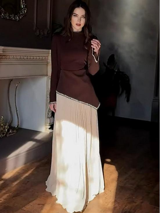 2026 Autumn European & American Solid Color Long Dress with Elegant Hot Drilling - French Two-Piece Set.