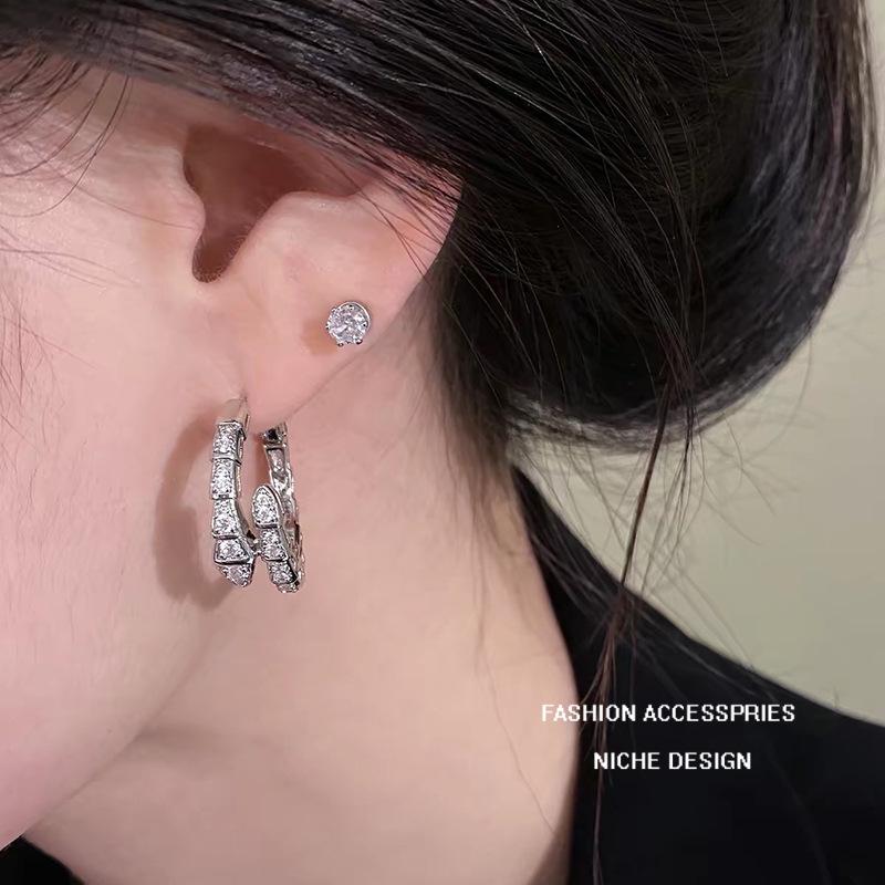 Korean Light Luxury Zircon Snake Earrings - Elegant High-End Studs for Women