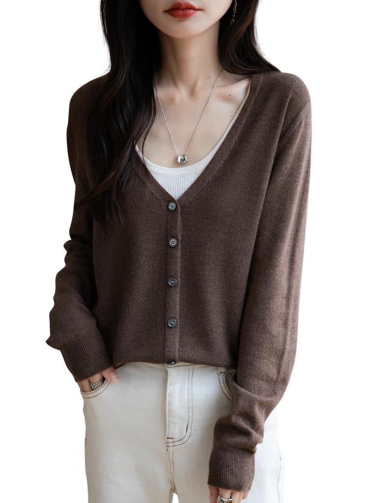 Women's Loose Fit Wool V-Neck Long Sleeve Cardigan Sweater