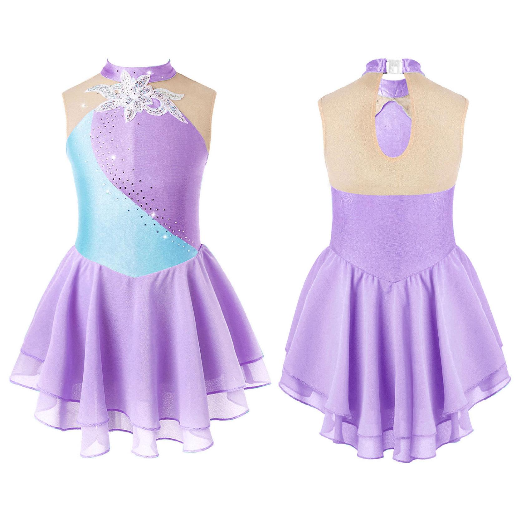 

Гимнастические купальники для девочек, платье без рукавов со стразами для катания на коньках, платья для танцев с цветочным принтом 7-8 Years лавандовый